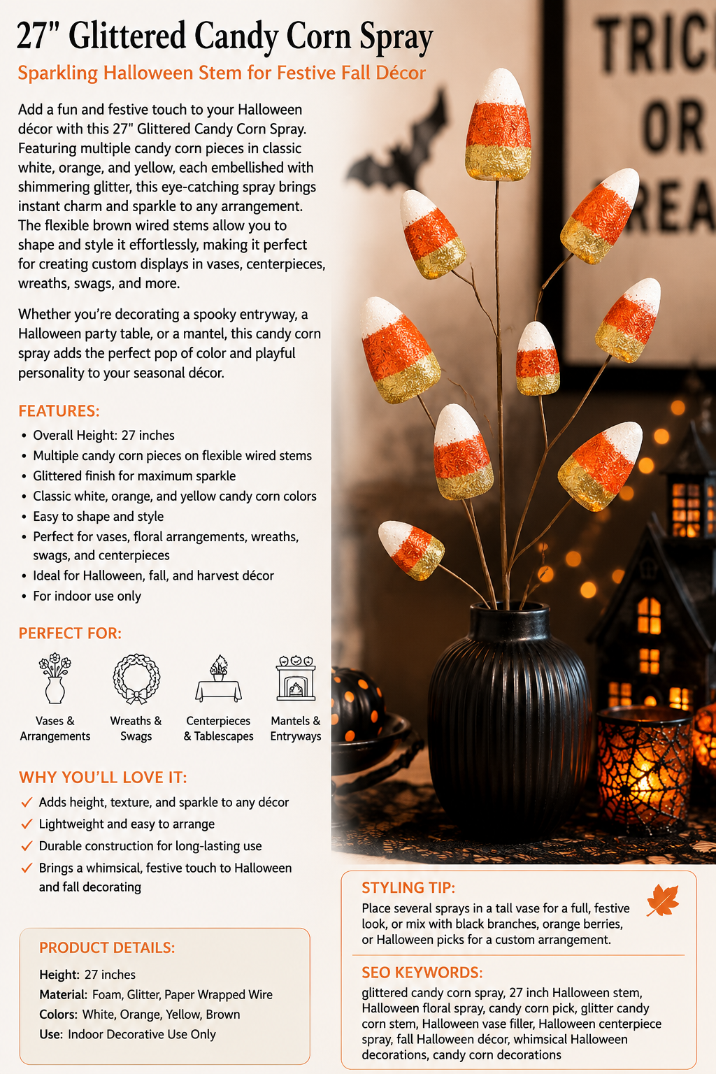 27" Glittered Candy Corn Spray | Halloween Decorative Floral