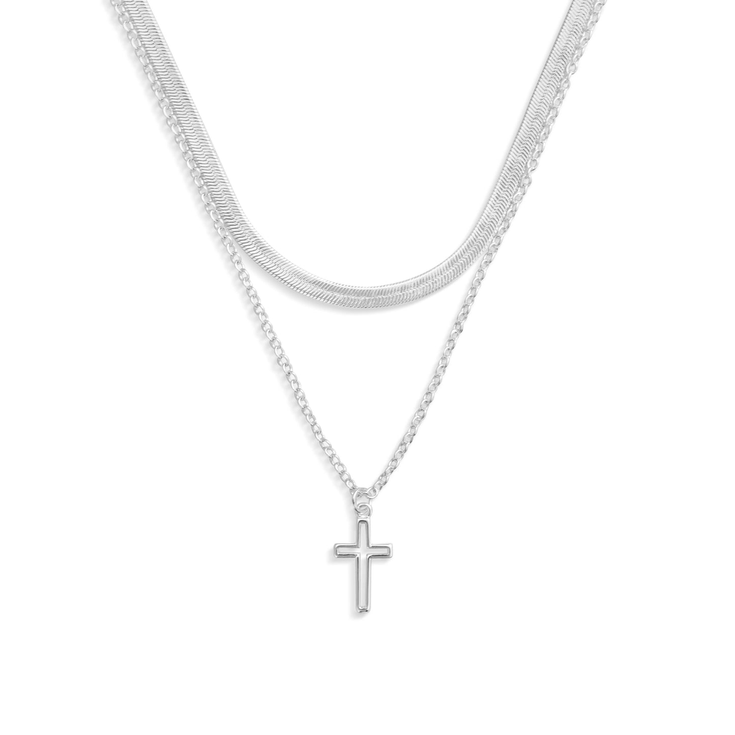 Layered Cross Silver Necklace 18in