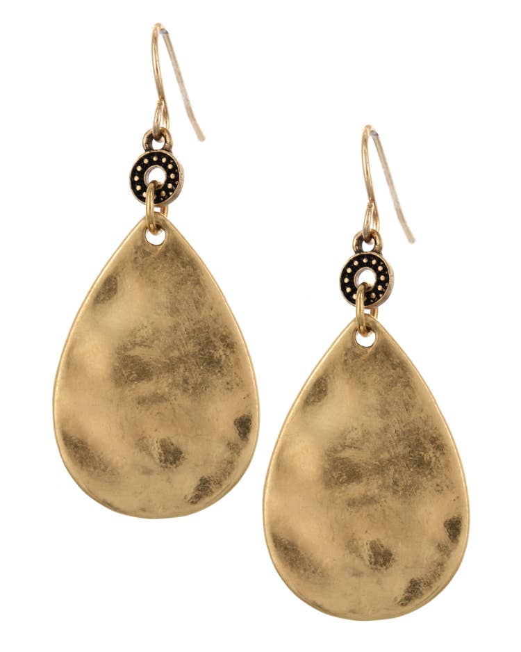 FR3375 Worn Silver Hammered Metal Teardrop Dangle Earrings
