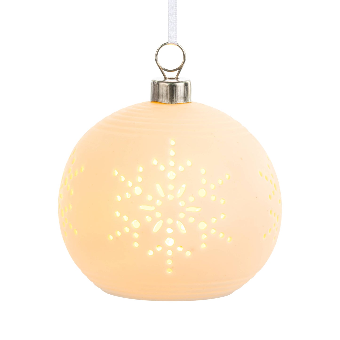 White LED Ceramic Snowflake Medium Round Ornament - 4in