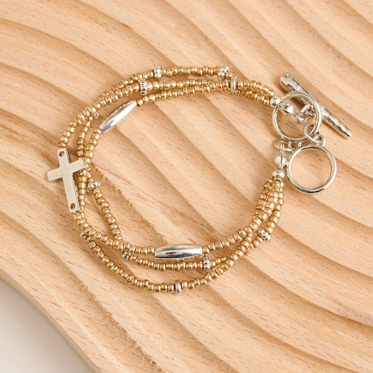 Cross Bracelet Multi Row Beaded Toggle Hammered Texture