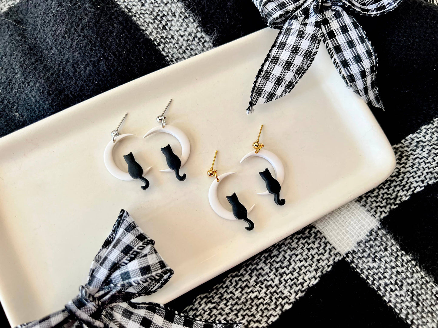Cat Moon Earrings, Moon Earrings, Cat Clay Earrings