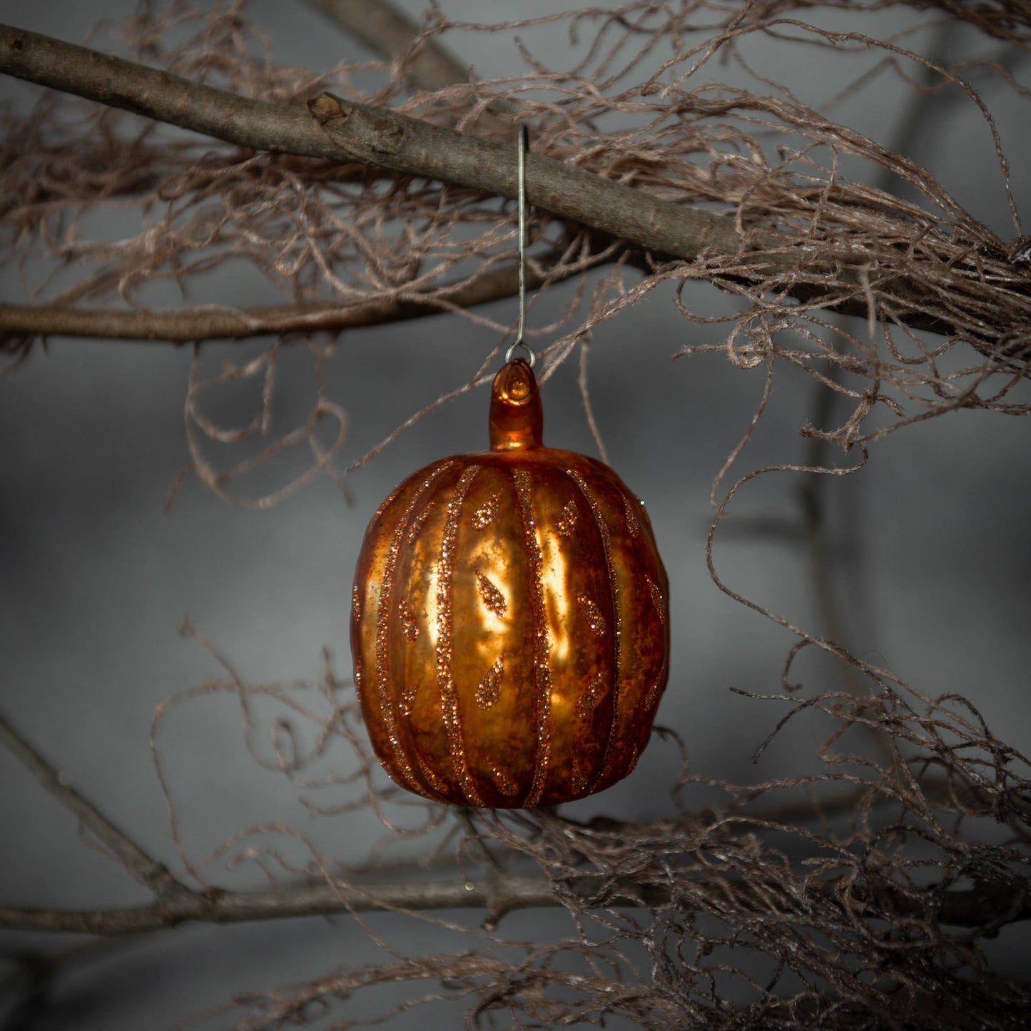 ORANGE GLITTERED PUMPKIN ORNAMENT