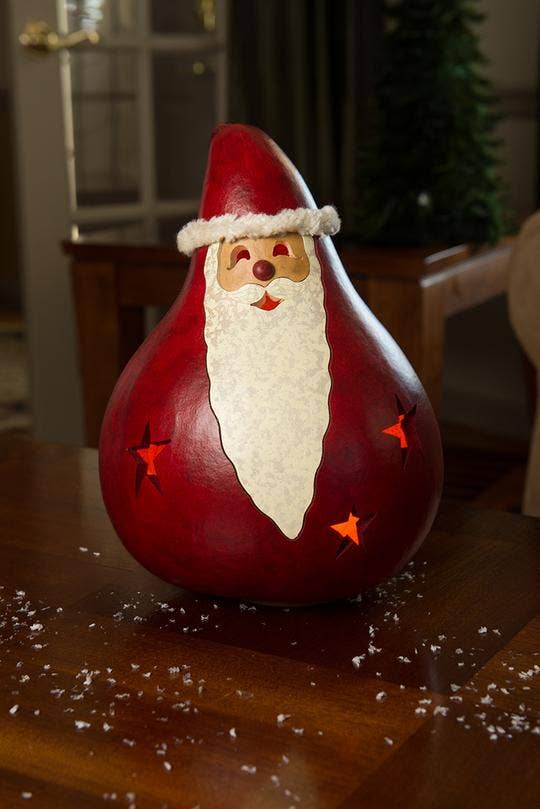 Red Santa Large Lit Hand-Crafted Gourd Luminary