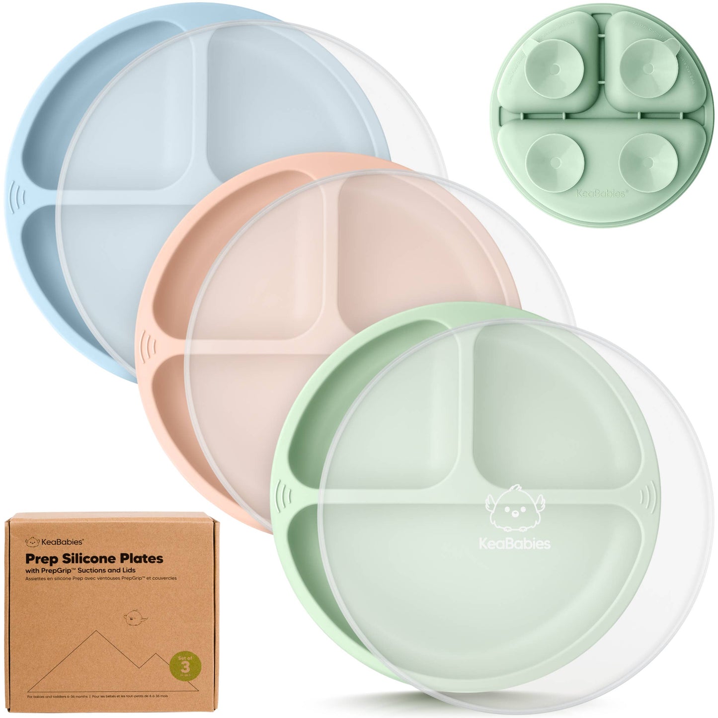 3-Pack Prep Suction Plates with Lids BPA-Free Baby Plate