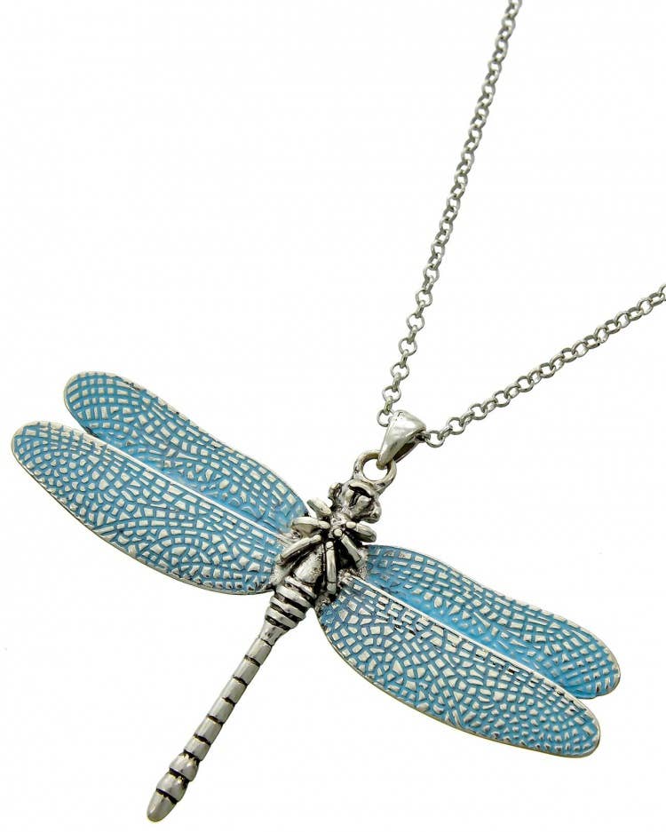 FR2477 3D Silver Burnished Dragonfly Long Chain Necklace