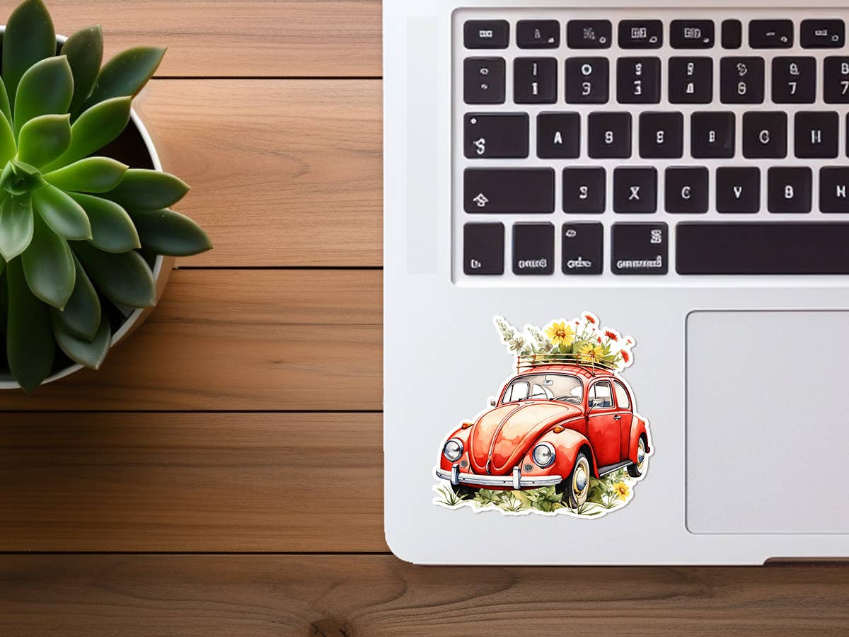 VW Beetle with Flowers | Cute Sticker | Hippie Happy Sticker