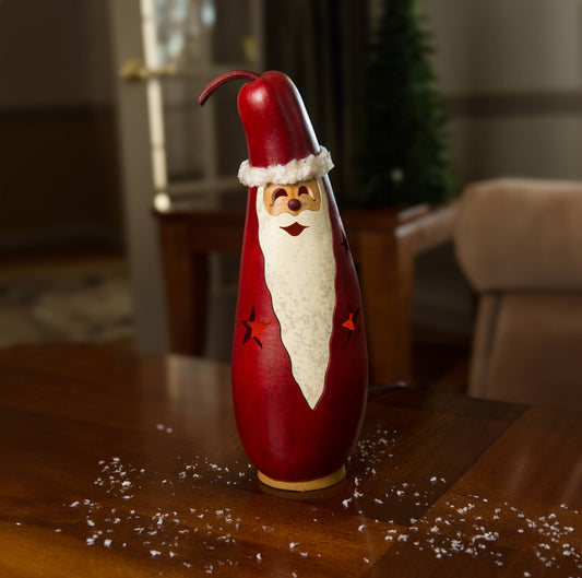 Red Santa Medium Tall Lit Hand-Crafted Gourd Luminary
