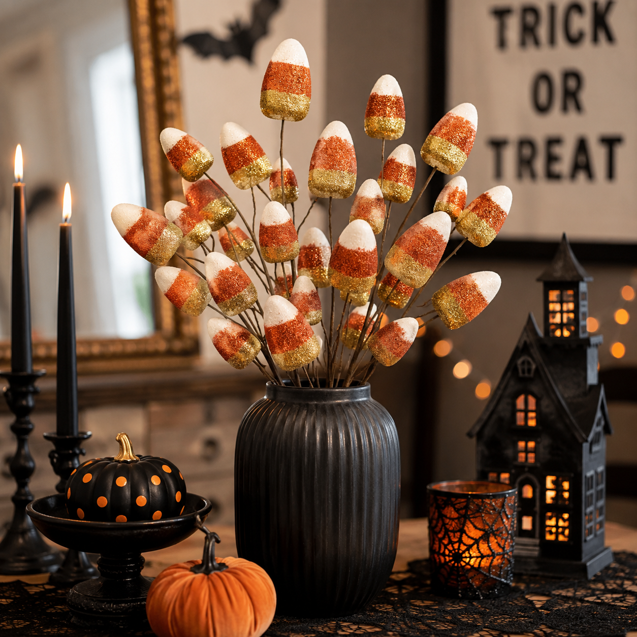 27" Glittered Candy Corn Spray | Halloween Decorative Floral