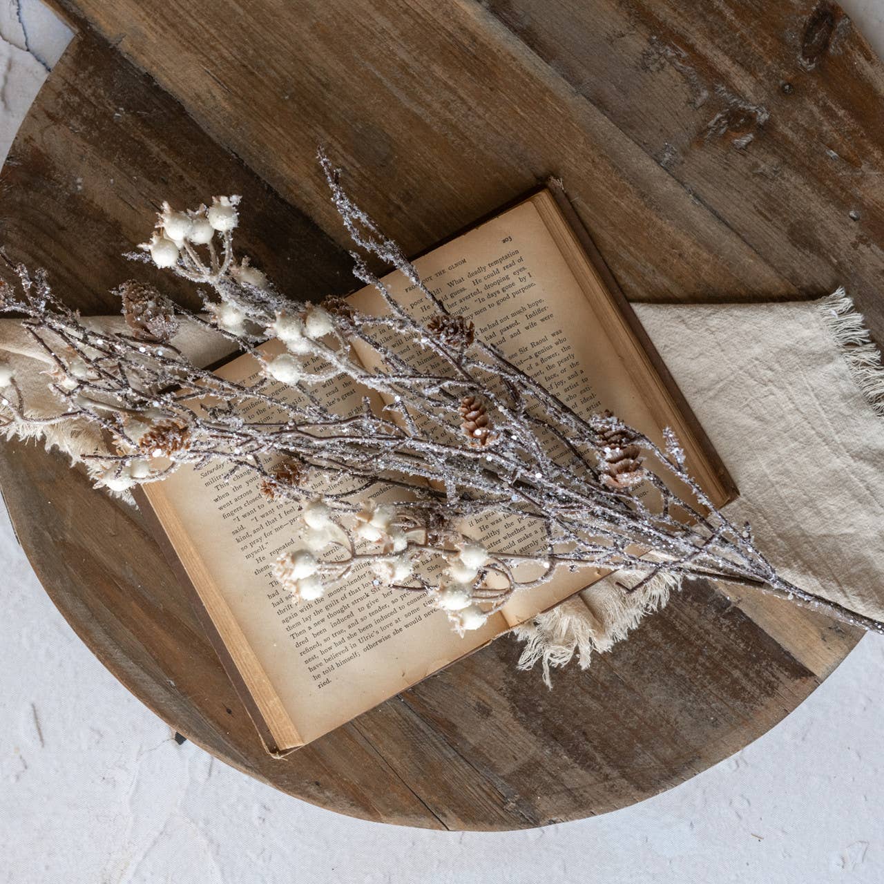 36" ICED TWIG W/ WHITE BERRIES & PINECONE SPRAY