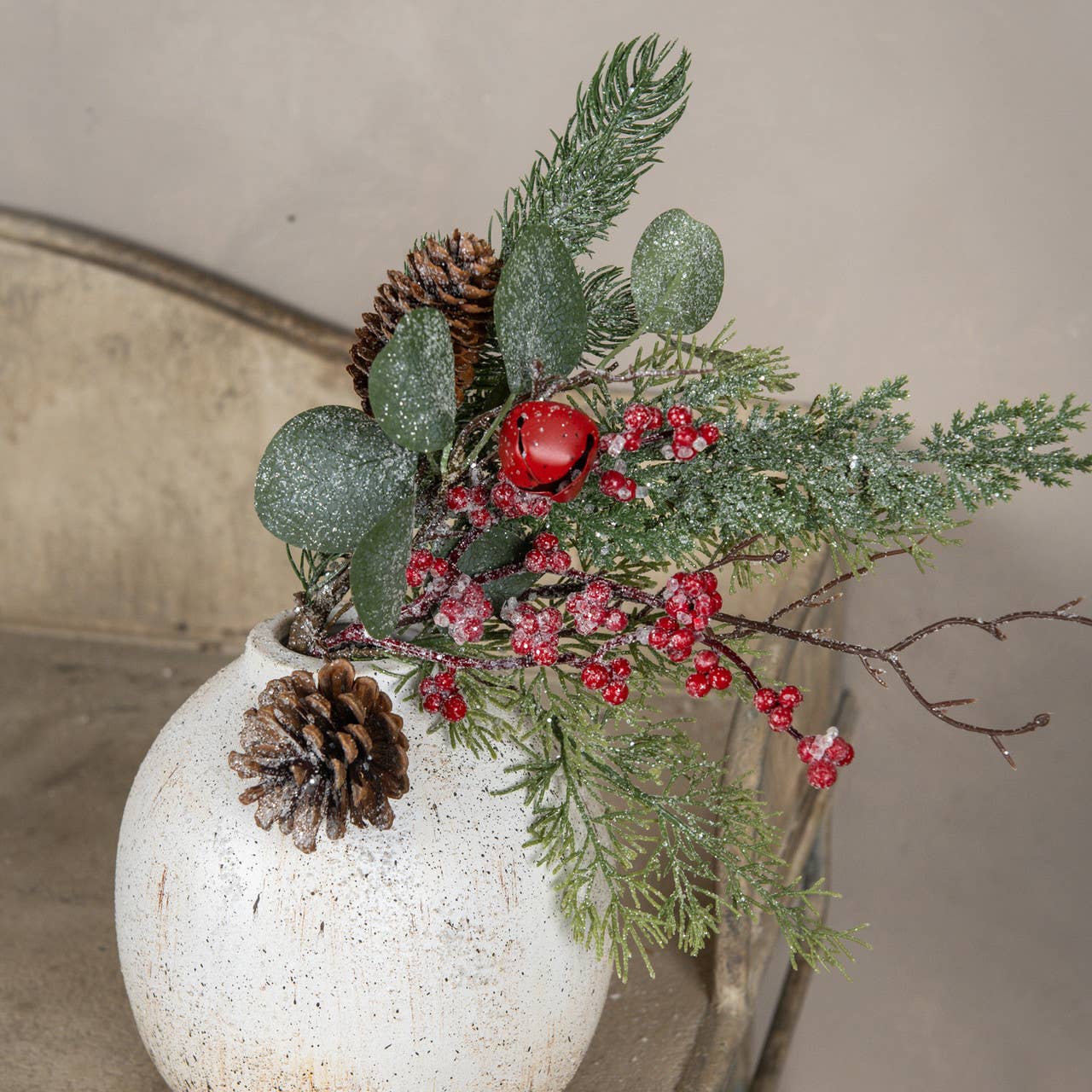 16" ICY FOLIAGE W/ RED BERRIES & BELLS PICK