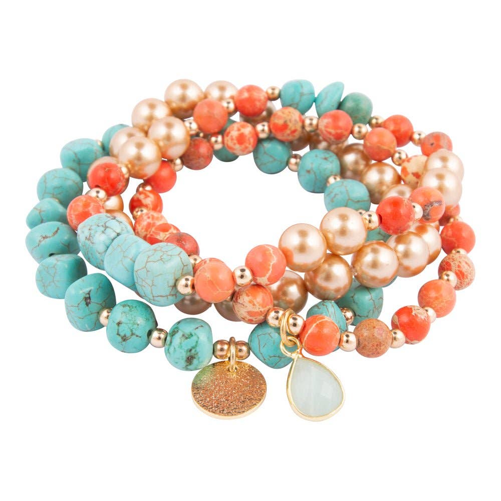Canyon Blue Magnesite and Orange Jasper Golden Stretch Bracelet Set