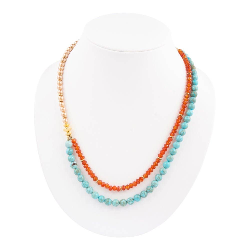 Canyon Blue Turquoise and Orange Carnelian Long Golden Necklace