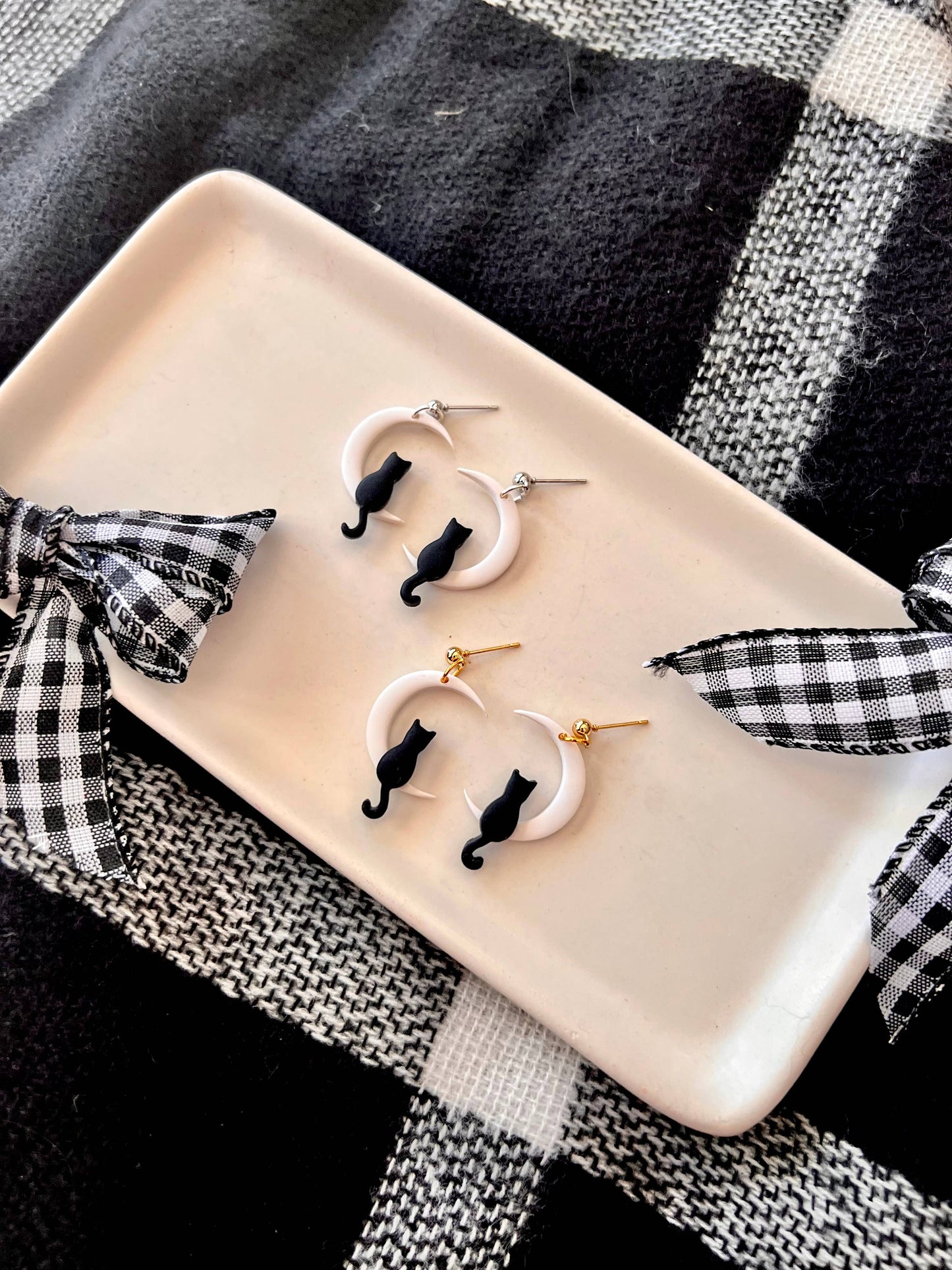 Cat Moon Earrings, Moon Earrings, Cat Clay Earrings