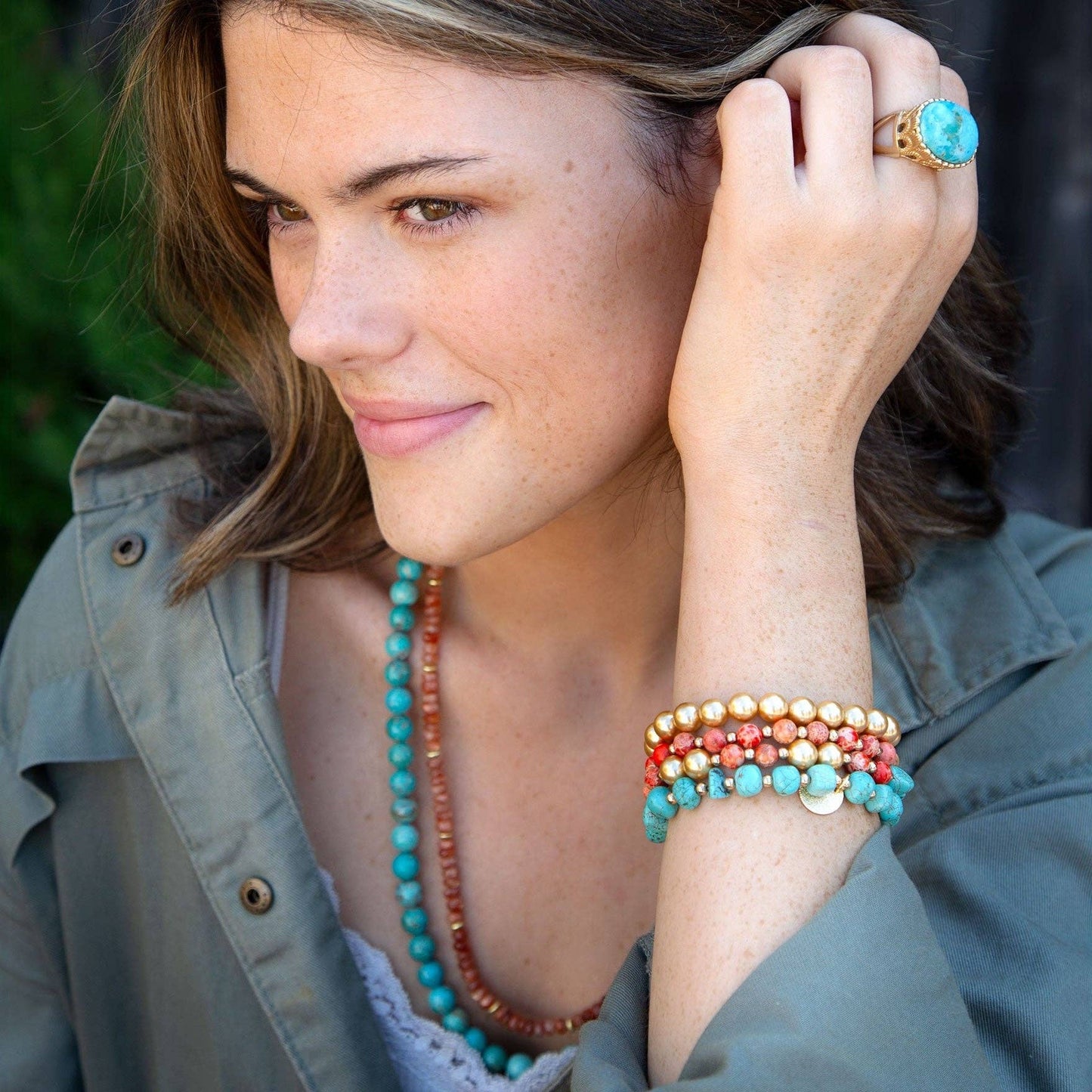 Canyon Blue Magnesite and Orange Jasper Golden Stretch Bracelet Set