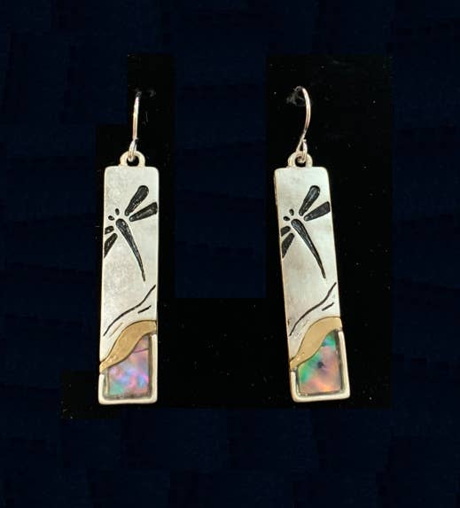 FR2586 Worn Silver Abalone Dragonfly Rectangle Earrings