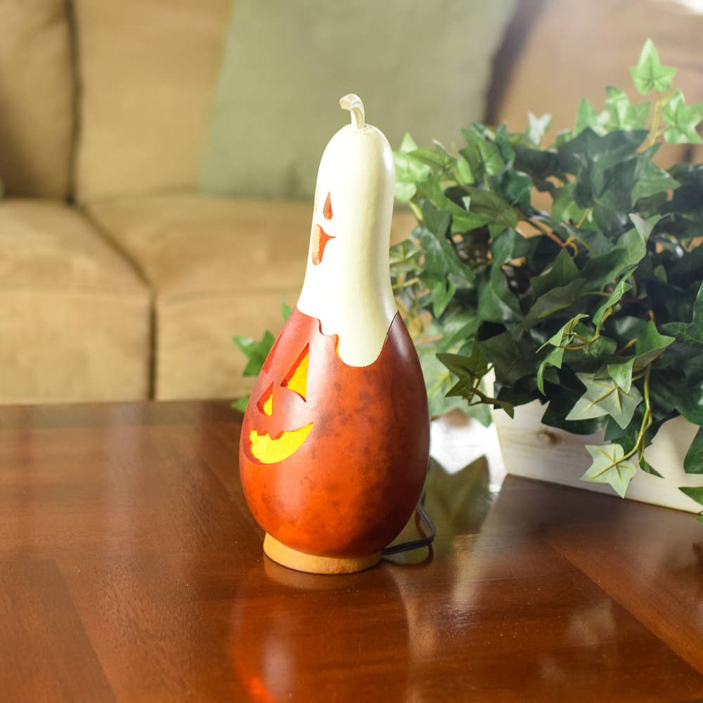 Casper Jack Small Tall Lit Jack-O-Lantern Handcrafted Gourd
