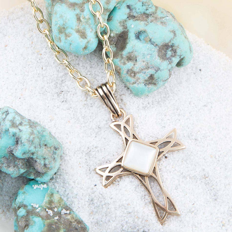 The Light White Mother of Pearl Cross Pendant Golden Necklace