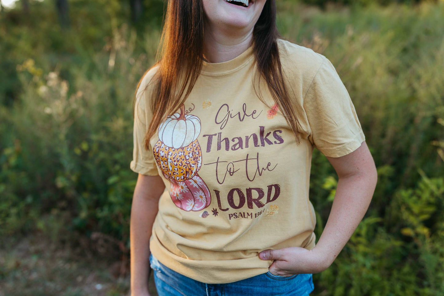 Psalm 136 Give Thanks Fall Graphic Tee - Christian Tee