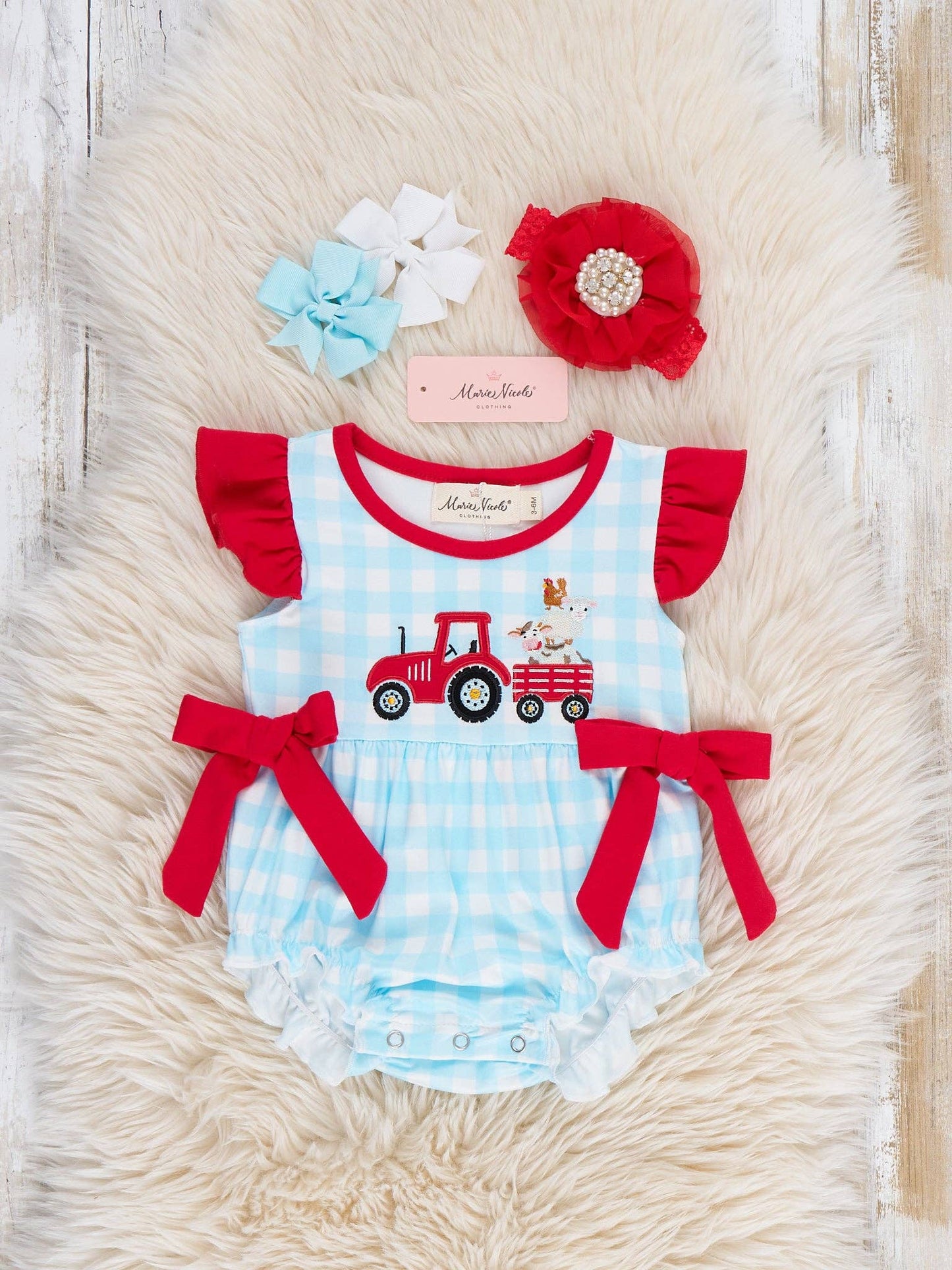 Little Tractor Helper Embroidered Plaid Ruffle Bubble Romper