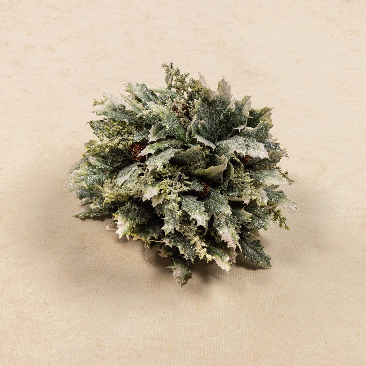 10" FROSTED HOLLY W/ PINECONES HALF BALL