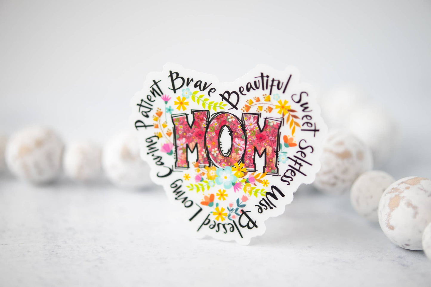 Mom Heart, Floral, Clear Vinyl Sticker, 3x3 in.