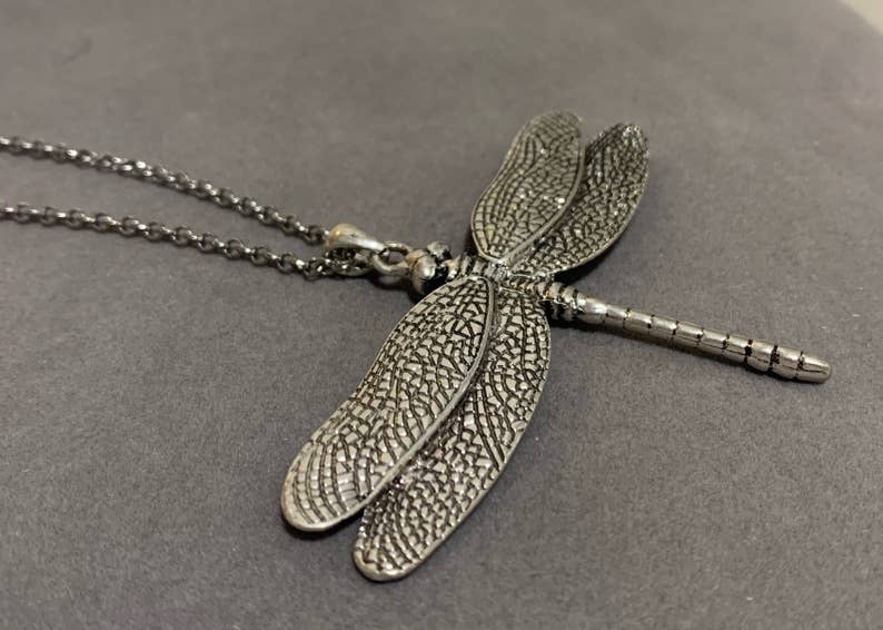 FR2477 3D Silver Burnished Dragonfly Long Chain Necklace