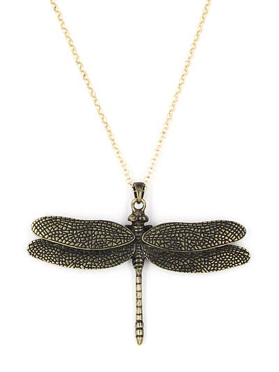 FR2477 3D Silver Burnished Dragonfly Long Chain Necklace