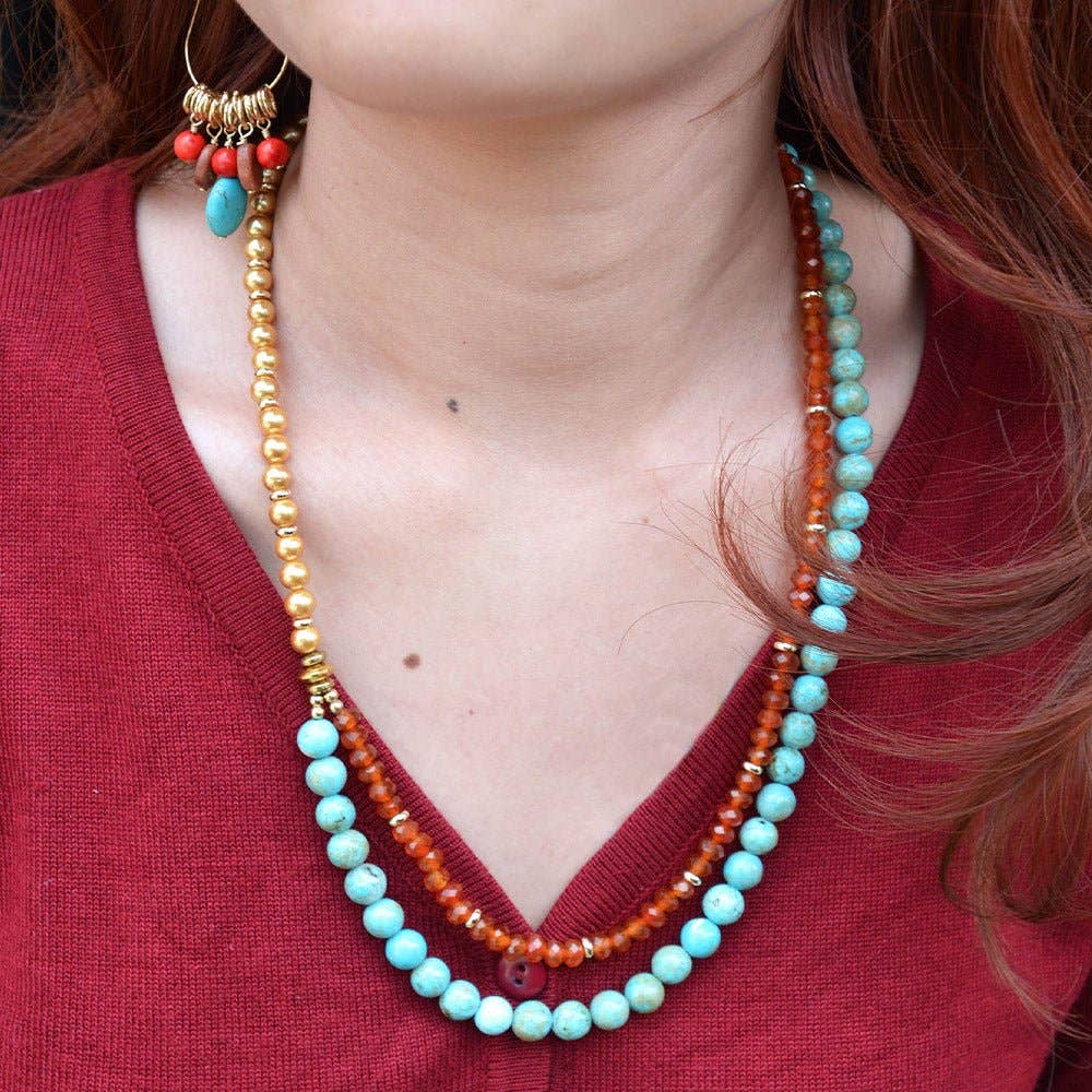 Canyon Blue Turquoise and Orange Carnelian Long Golden Necklace