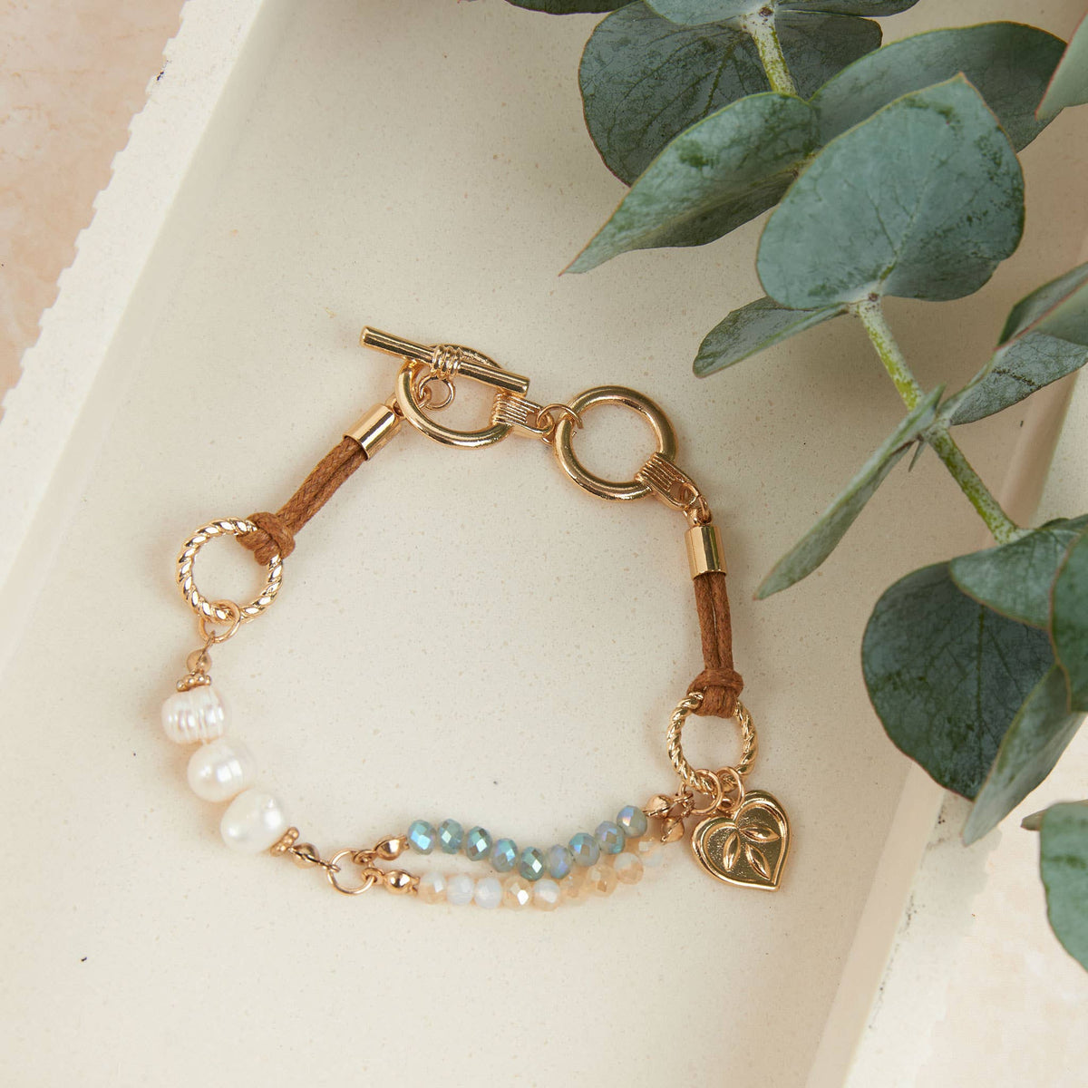 Bracelet Phyrra Multi Row Bead and Pearl Leather Toggle