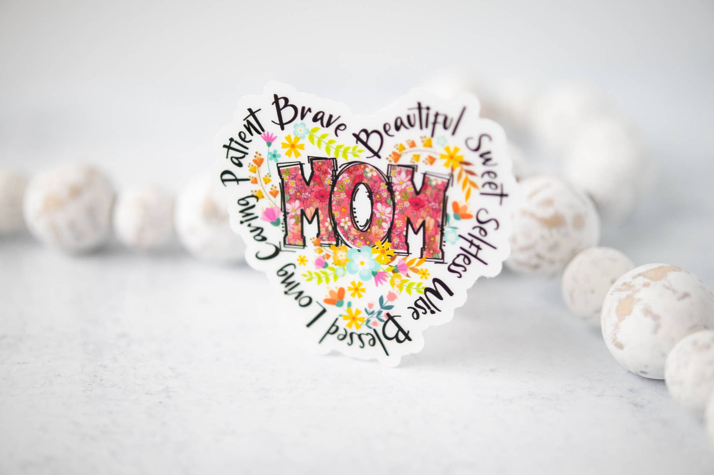 Mom Heart, Floral, Clear Vinyl Sticker, 3x3 in.