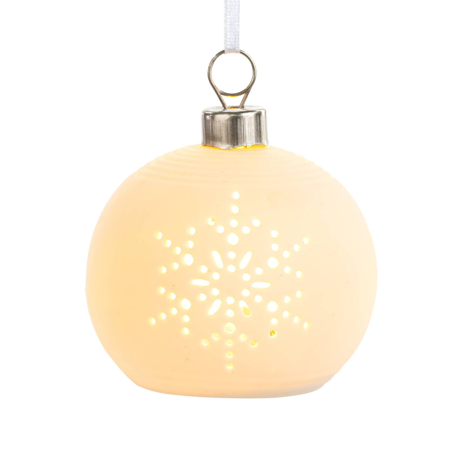 White LED Ceramic Snowflake Small Round Ornament - 3in