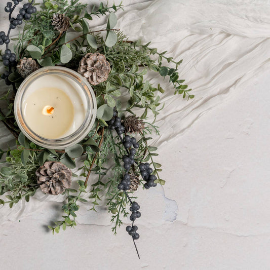 12" WINTER FOLIAGE & PINECONE CANDLE RING