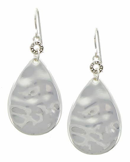 FR3375 Worn Silver Hammered Metal Teardrop Dangle Earrings