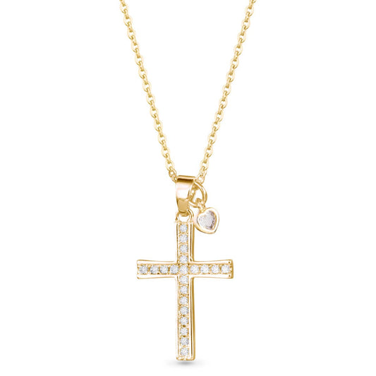 Pave Cross with Heart Droplet Necklace -  Gold