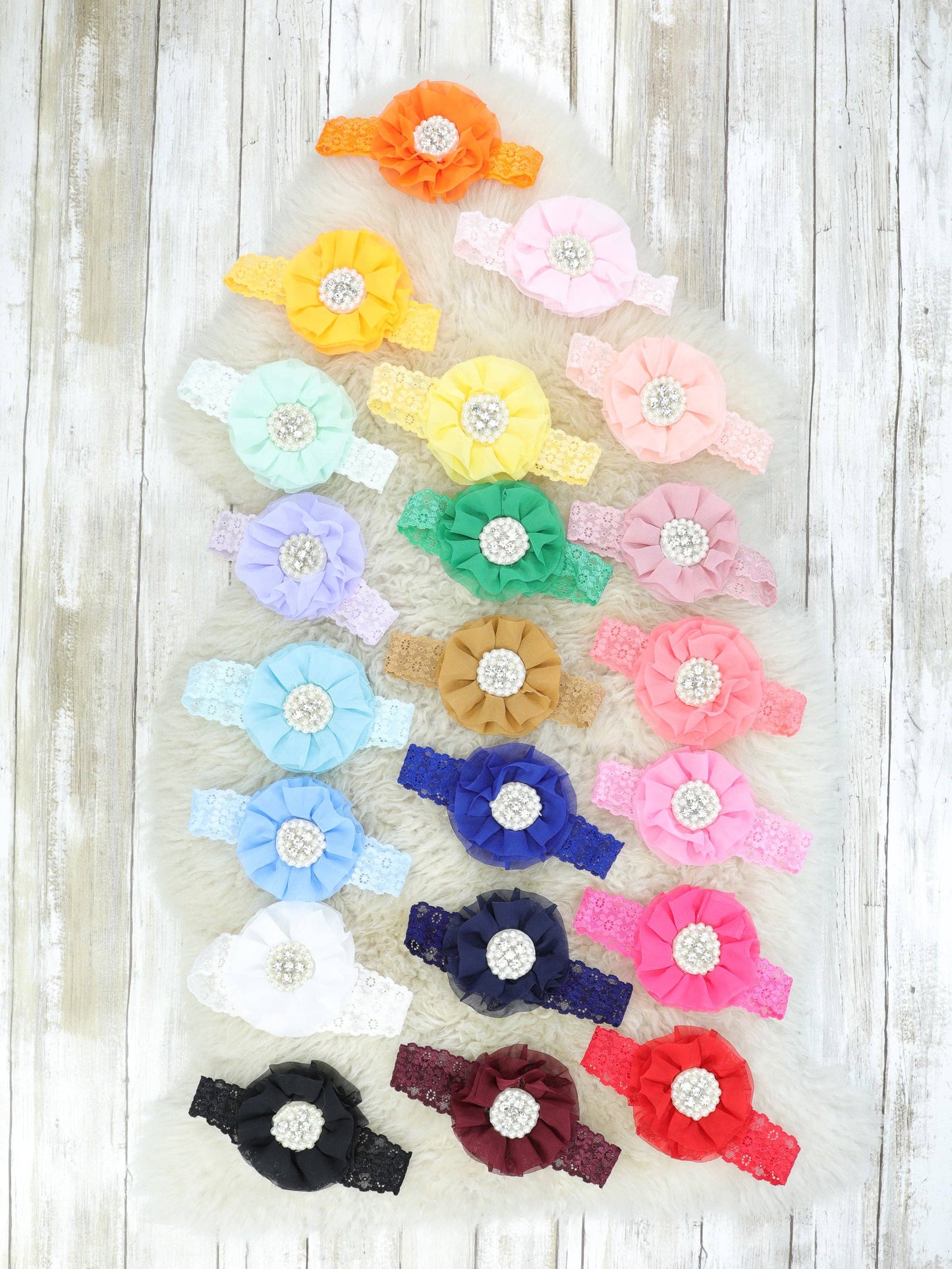 Chiffon Rhinestone & Pearls Headband - 21 Colors Available