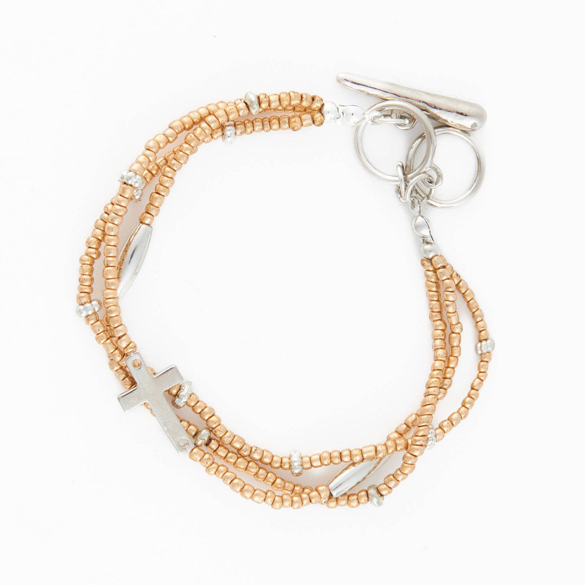 Cross Bracelet Multi Row Beaded Toggle Hammered Texture