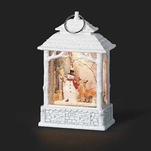 Lighted Swirl Lantern Snowman with Holly; Rustic