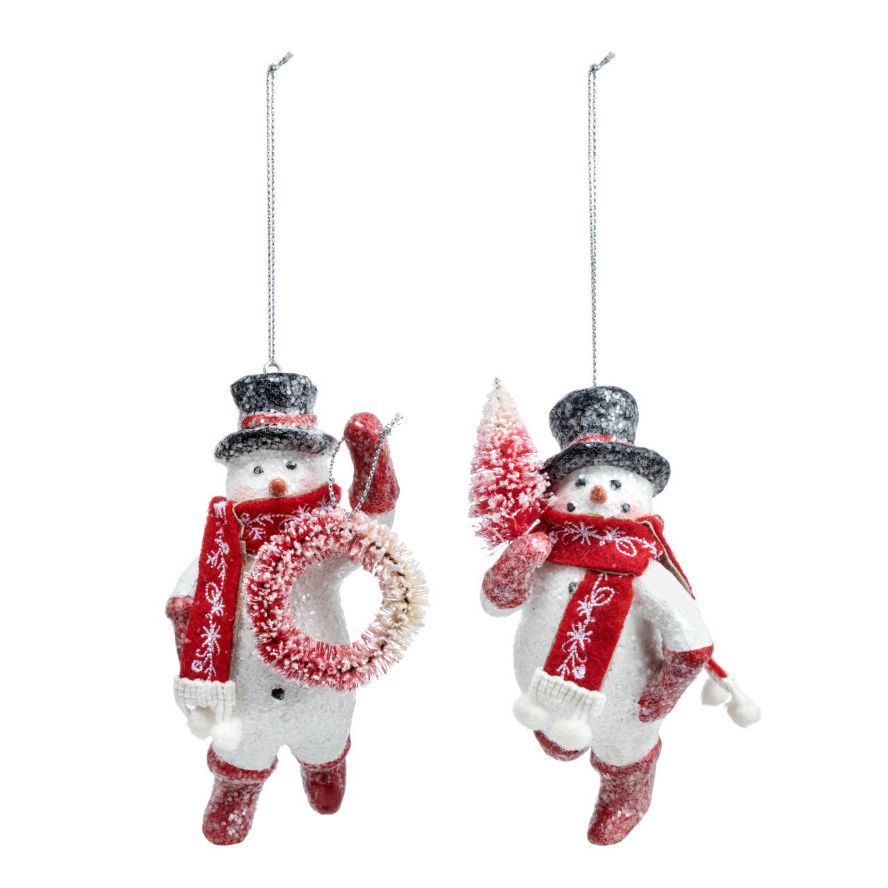 Sparkly Snowmen Ornaments with Bottle Brush - 2 Assorted