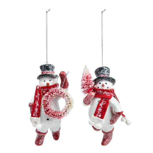 Sparkly Snowmen Ornaments with Bottle Brush - 2 Assorted
