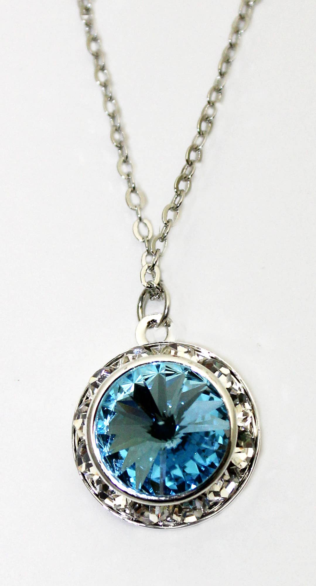 Rhinestone Rivoli Aqua Pendant with 18" Silver Chain