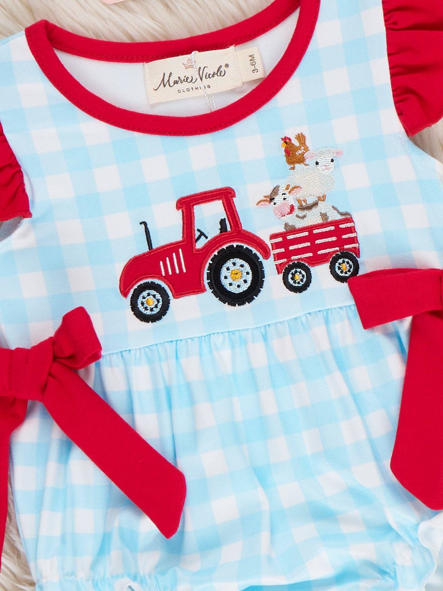 Little Tractor Helper Embroidered Plaid Ruffle Bubble Romper