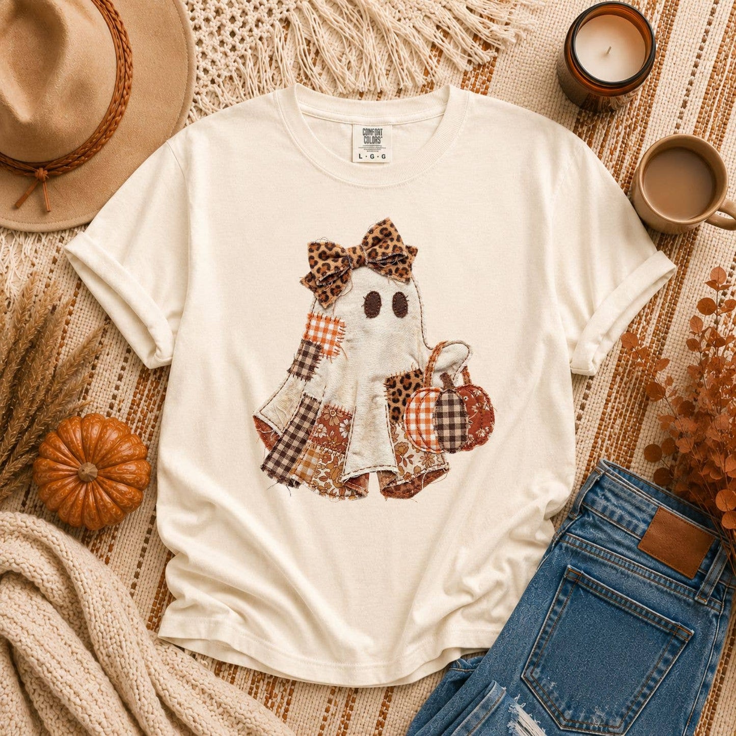 Patchwork Ghost Comfort Colors T-Shirt Halloween Fall Preppy