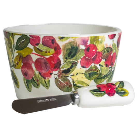 Cranberry Wreath Ceramic Bowl & Spreader Christmas