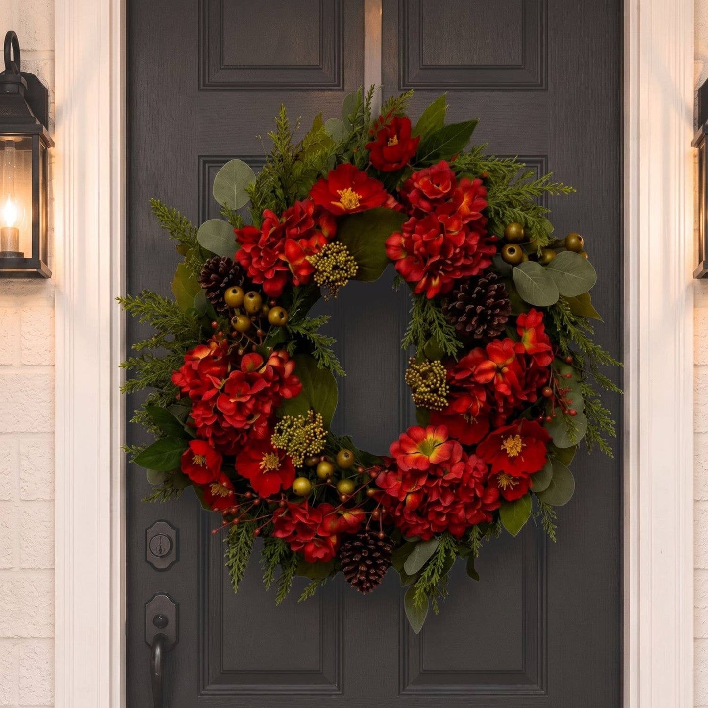 24” Red Floral & Mixed Greenery Wreath