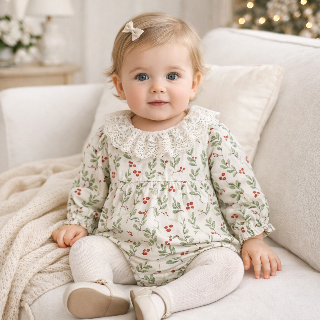 Holiday Berry Baby Christmas Bodysuit With Lace Collar