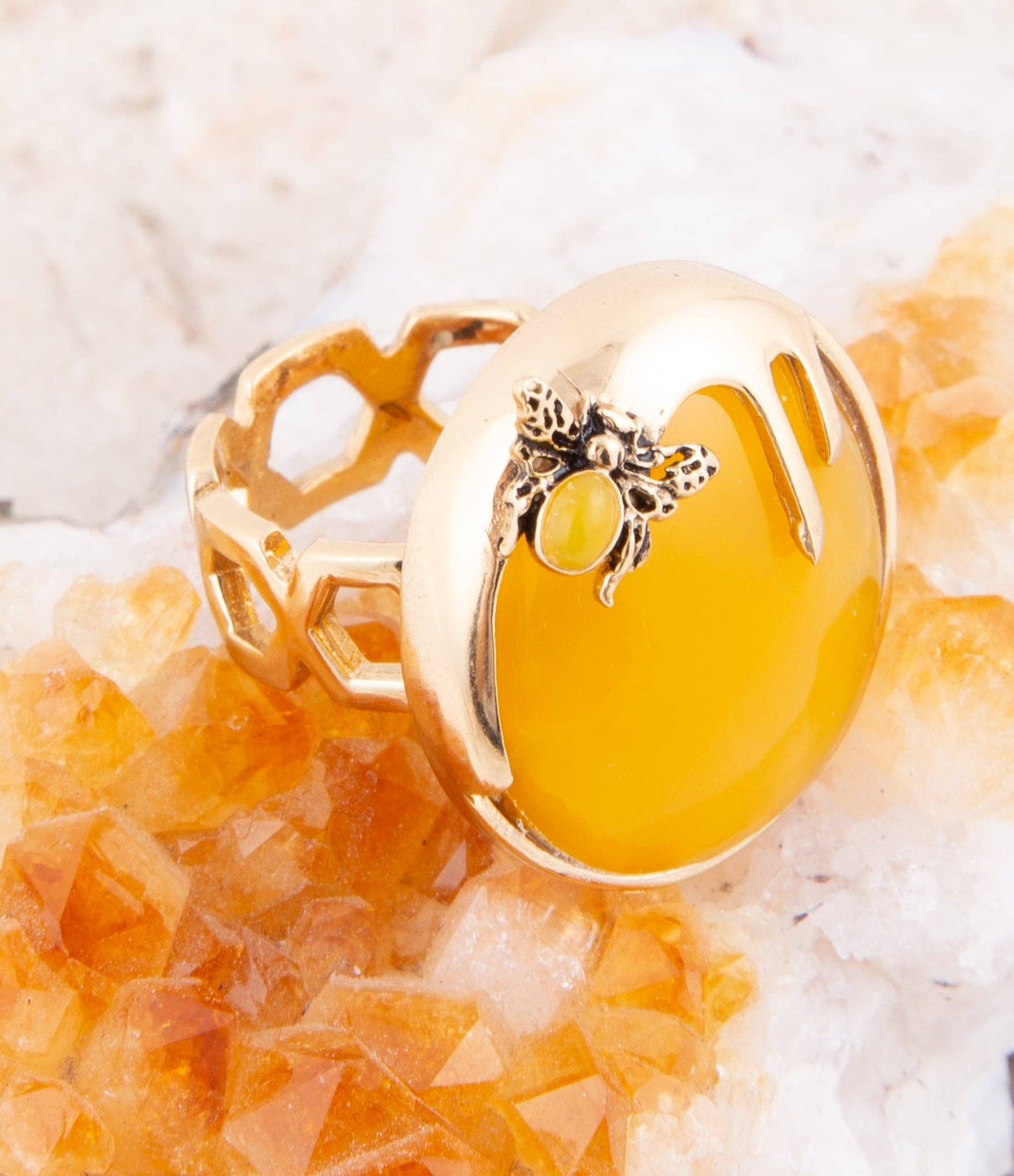 Honey Bee Yellow Agate Golden Ring