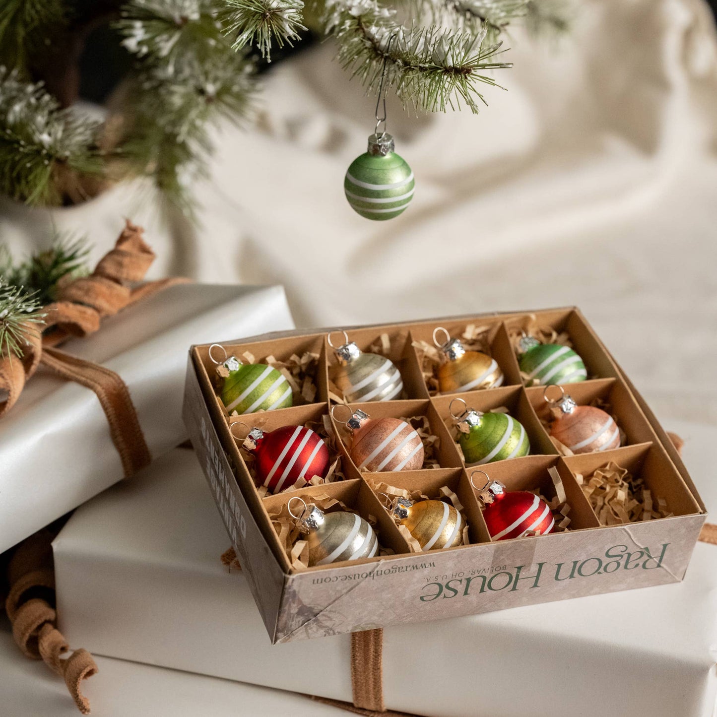 SET/ 12 - 1.5" STRIPED GLASS BALL ORNAMENTS