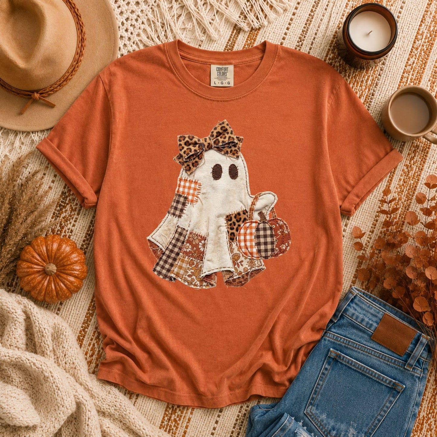 Patchwork Ghost Comfort Colors T-Shirt Halloween Fall Preppy