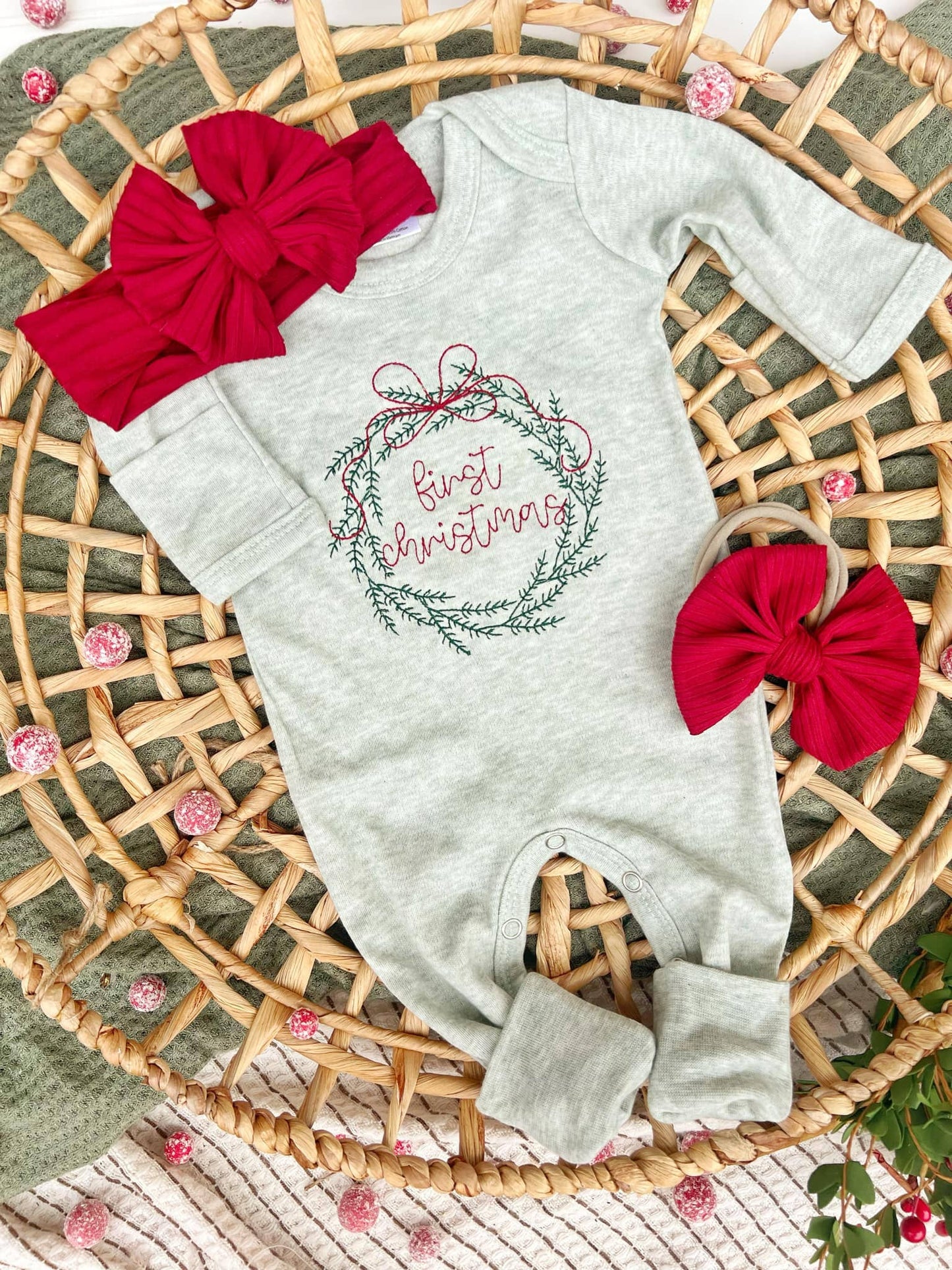 Baby Romper | Sage Green First Christmas Wreath Outfit